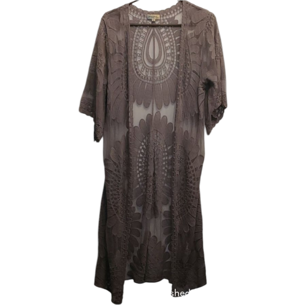 King's Road Dusty Gray Lace Open Front Duster, Kimono Size XL